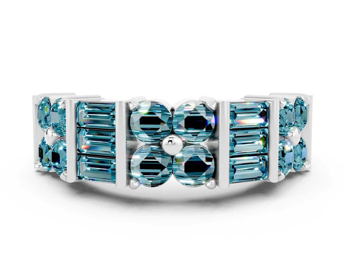 Round and Baguette Blue Topaz Anniversary Band in White gold with Channel and Prong Setting