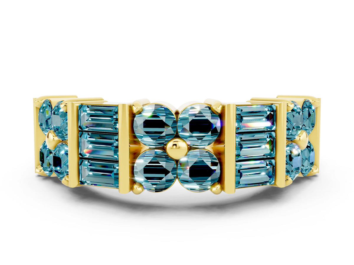 Round and Baguette Blue Topaz Anniversary Band in Yellow gold with Channel and Prong Setting