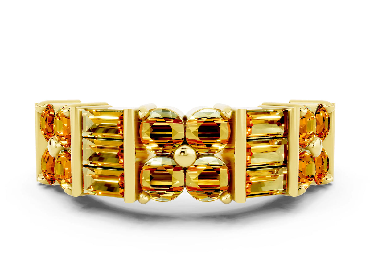 Round and Baguette Citrine Anniversary Band in Yellow gold with Channel and Prong Setting