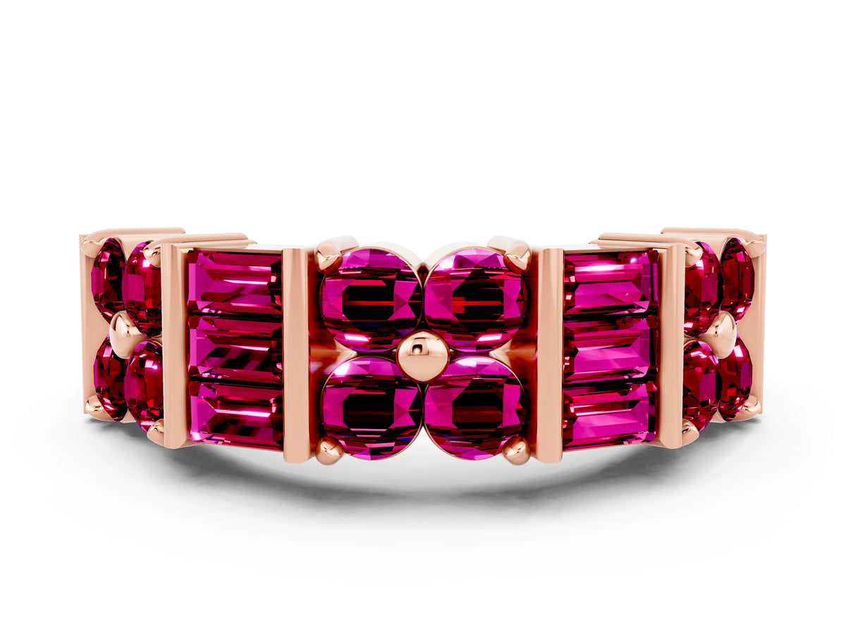 Round and Baguette Garnet Anniversary Band in Rose gold with Channel and Prong Setting