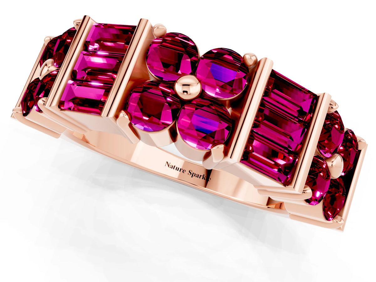 Round and Baguette Garnet Anniversary Band in Rose gold with Channel and Prong Setting_1