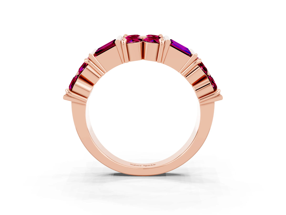 Round and Baguette Garnet Anniversary Band in Rose gold with Channel and Prong Setting_3