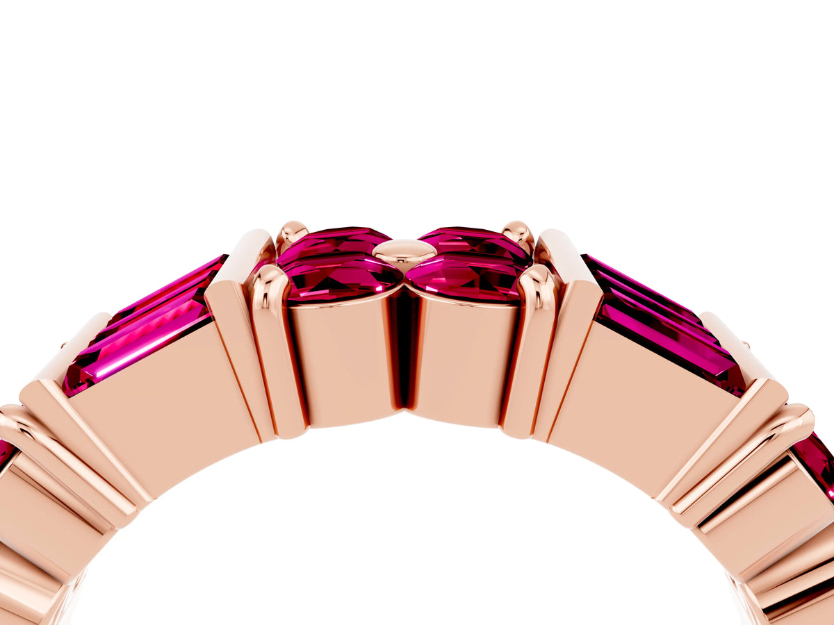 Round and Baguette Garnet Anniversary Band in Rose gold with Channel and Prong Setting_4
