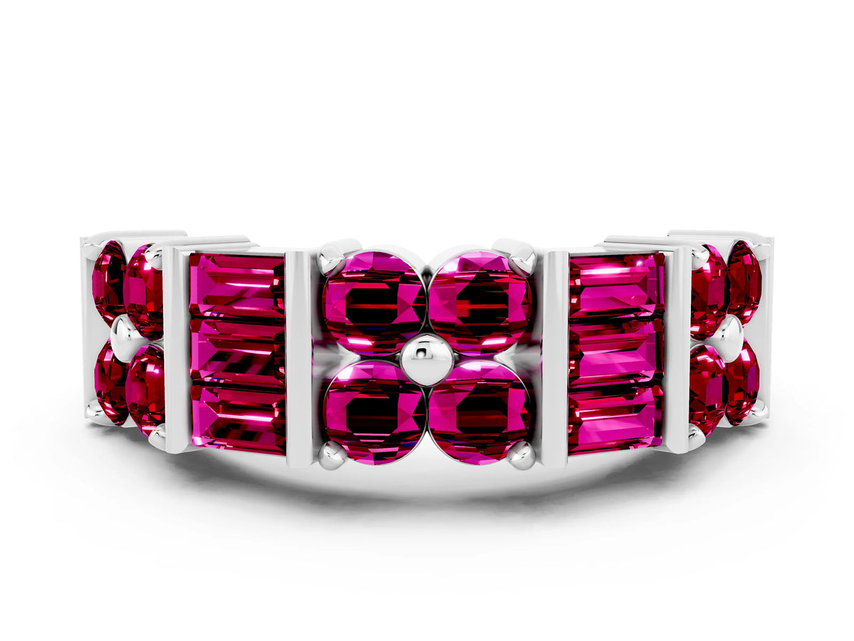 Round and Baguette Garnet Anniversary Band in White gold with Channel and Prong Setting