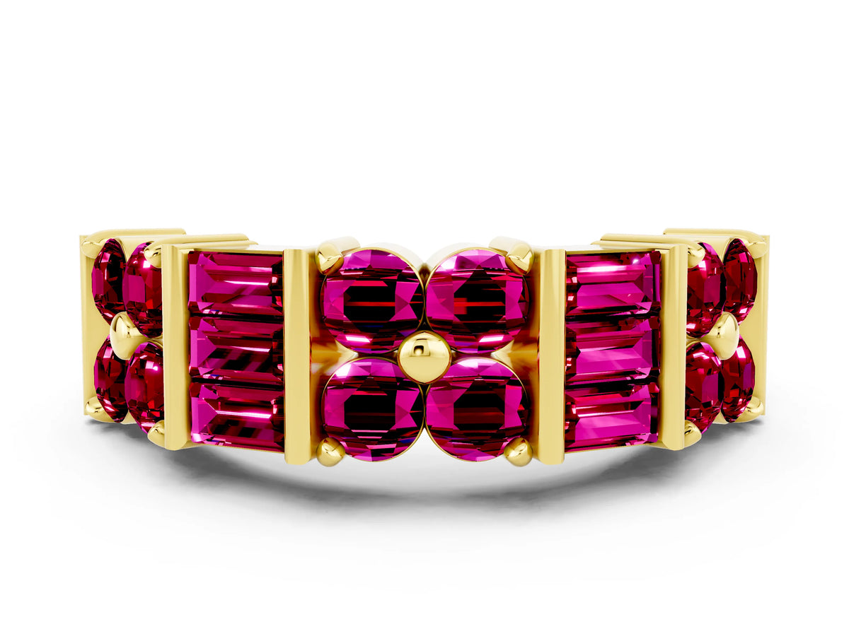 Round and Baguette Garnet Anniversary Band in Yellow gold with Channel and Prong Setting