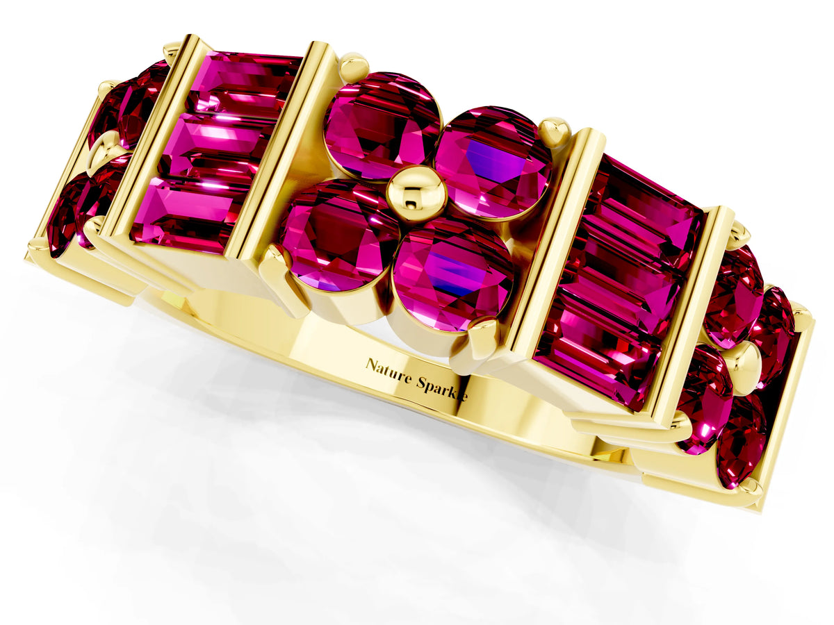 Round and Baguette Garnet Anniversary Band in Yellow gold with Channel and Prong Setting_1
