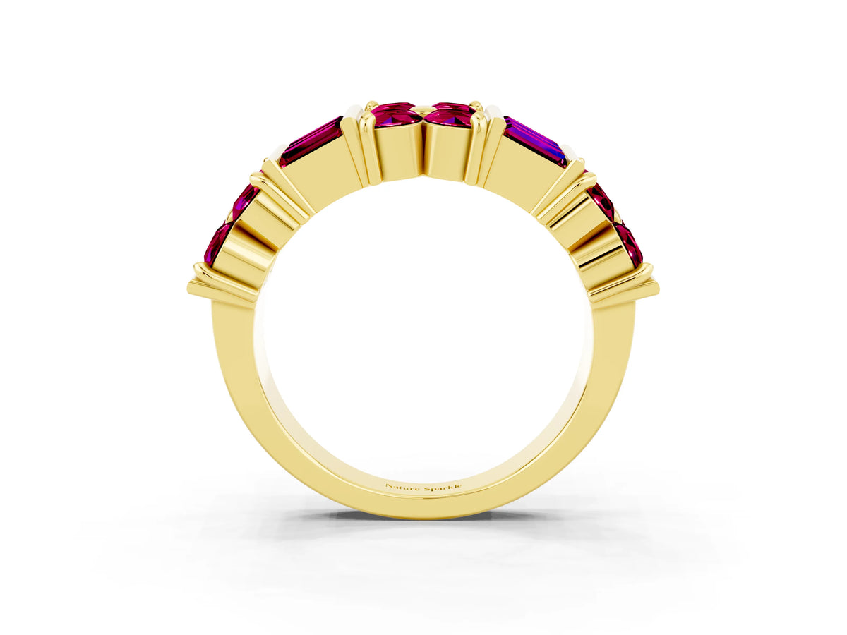 Round and Baguette Garnet Anniversary Band in Yellow gold with Channel and Prong Setting_3