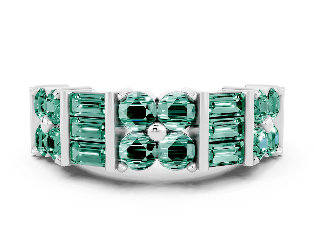 Round and Baguette Green Sapphire Anniversary Band in Platinum with Channel and Prong Setting