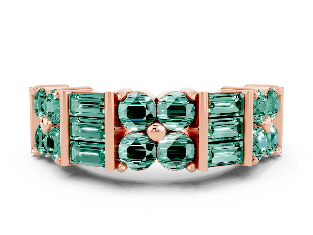 Round and Baguette Green Sapphire Anniversary Band in Rose gold with Channel and Prong Setting