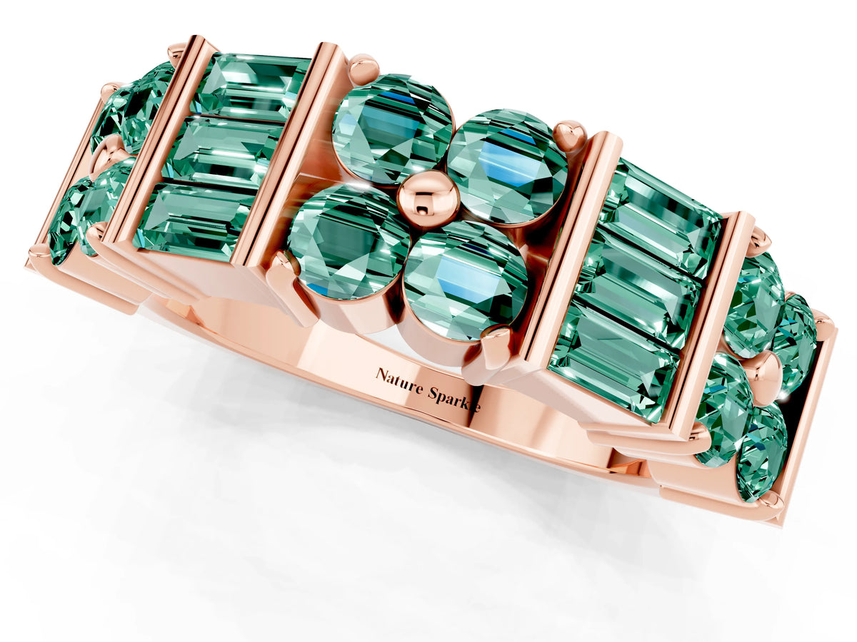 Round and Baguette Green Sapphire Anniversary Band in Rose gold with Channel and Prong Setting_1