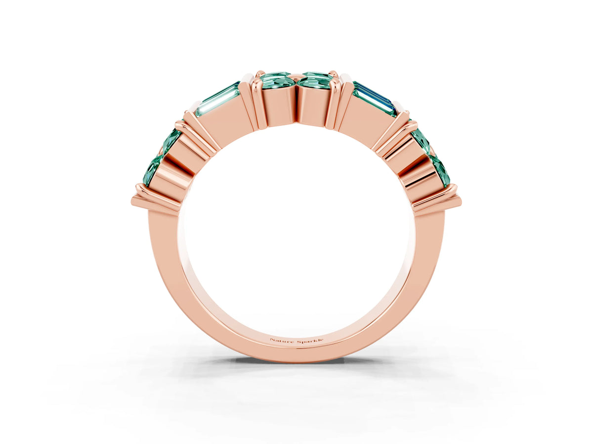 Round and Baguette Green Sapphire Anniversary Band in Rose gold with Channel and Prong Setting_3