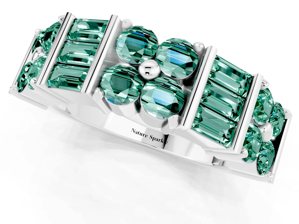 Round and Baguette Green Sapphire Anniversary Band in White gold with Channel and Prong Setting_1