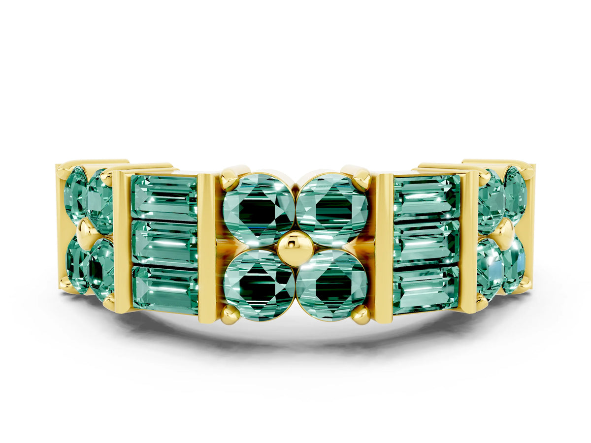 Round and Baguette Green Sapphire Anniversary Band in Yellow gold with Channel and Prong Setting
