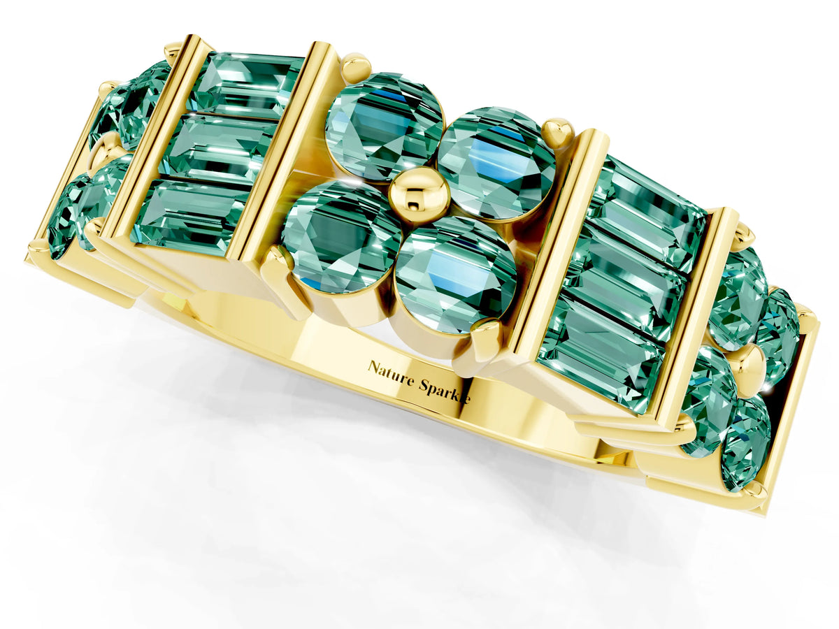 Round and Baguette Green Sapphire Anniversary Band in Yellow gold with Channel and Prong Setting_1