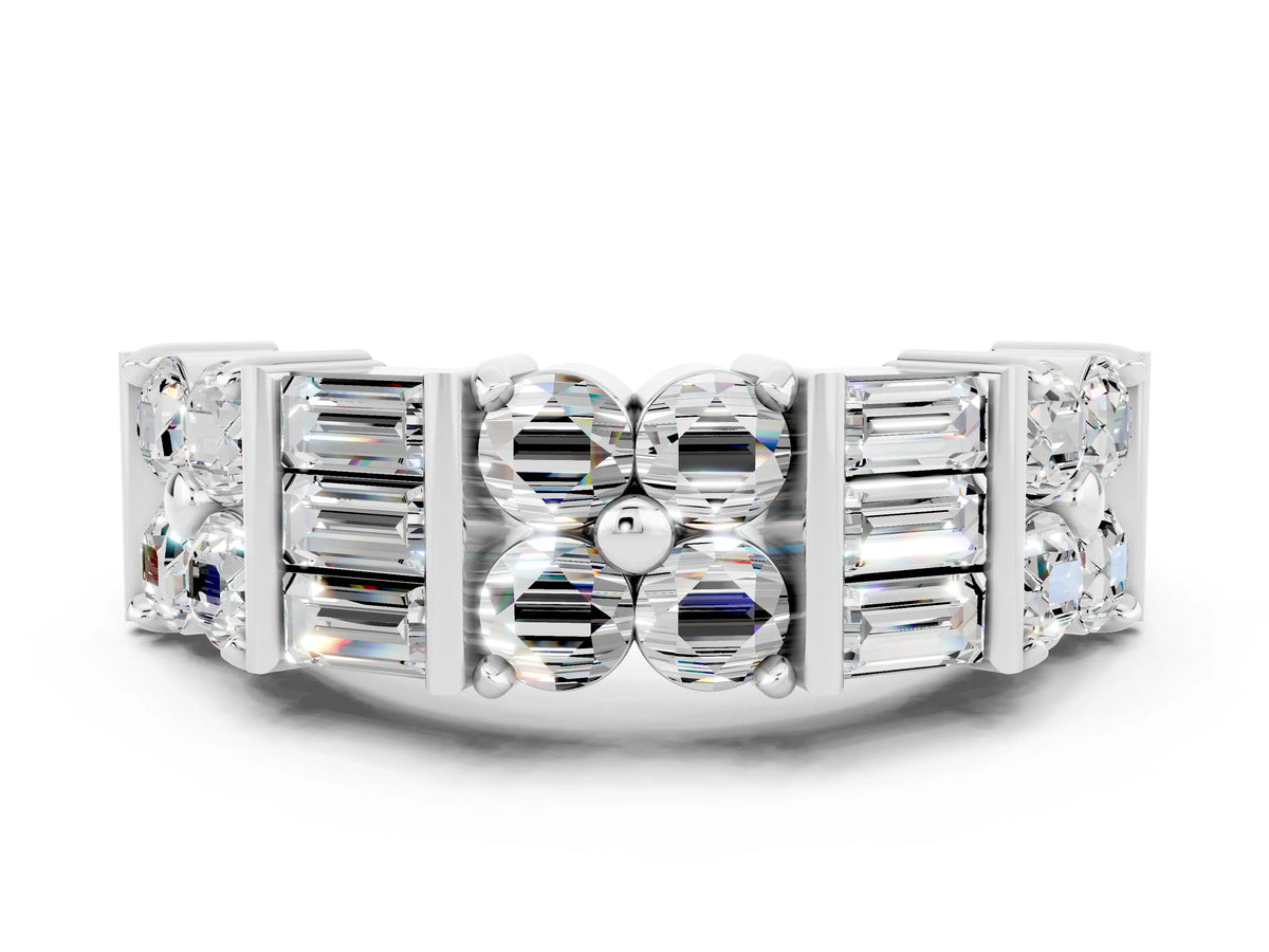 Round and Baguette Moissanite Anniversary Band in White gold with Channel and Prong Setting
