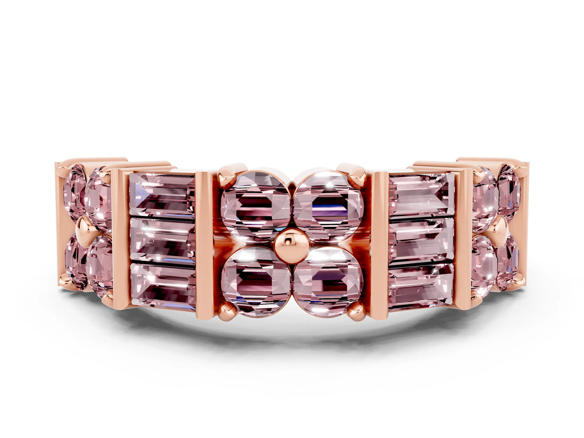 Round and Baguette Morganite Anniversary Band in Rose gold with Channel and Prong Setting
