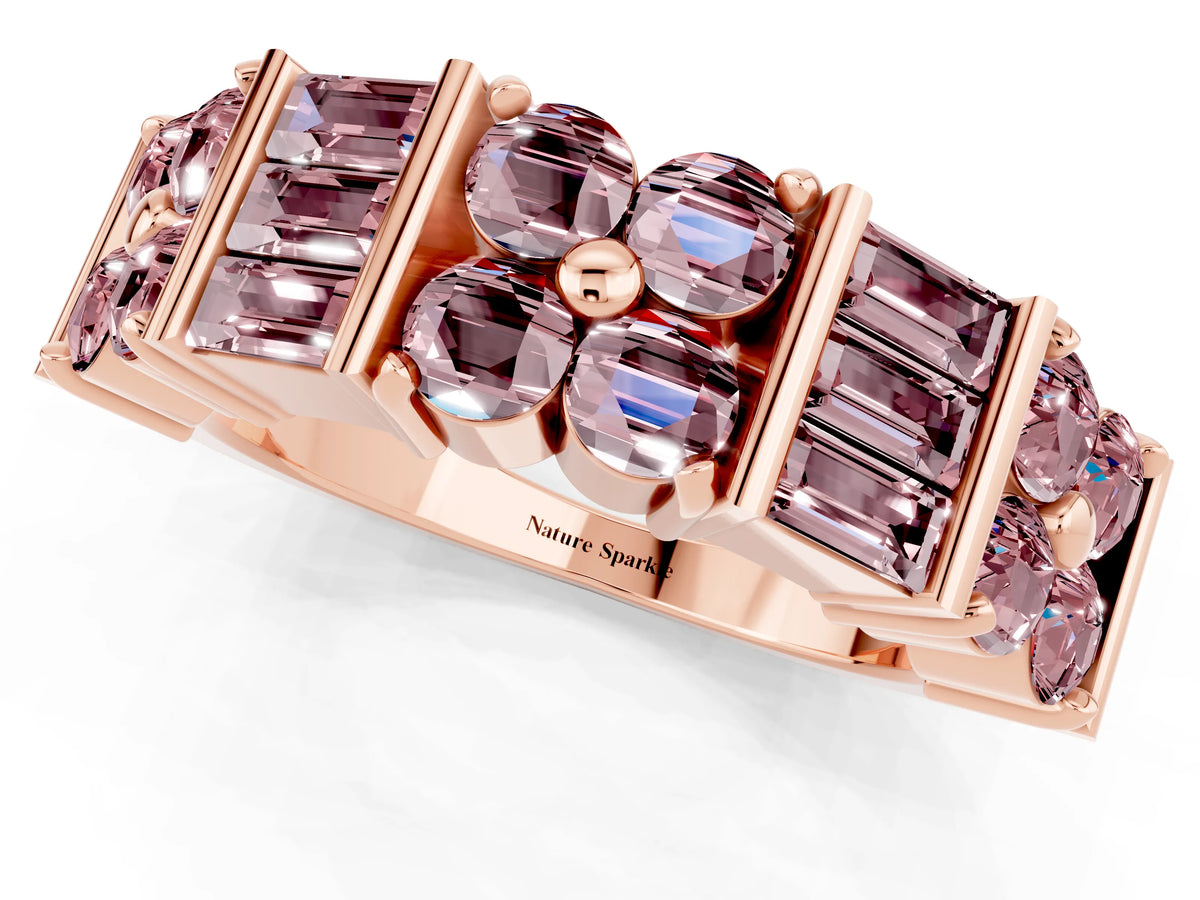Round and Baguette Morganite Anniversary Band in Rose gold with Channel and Prong Setting_1