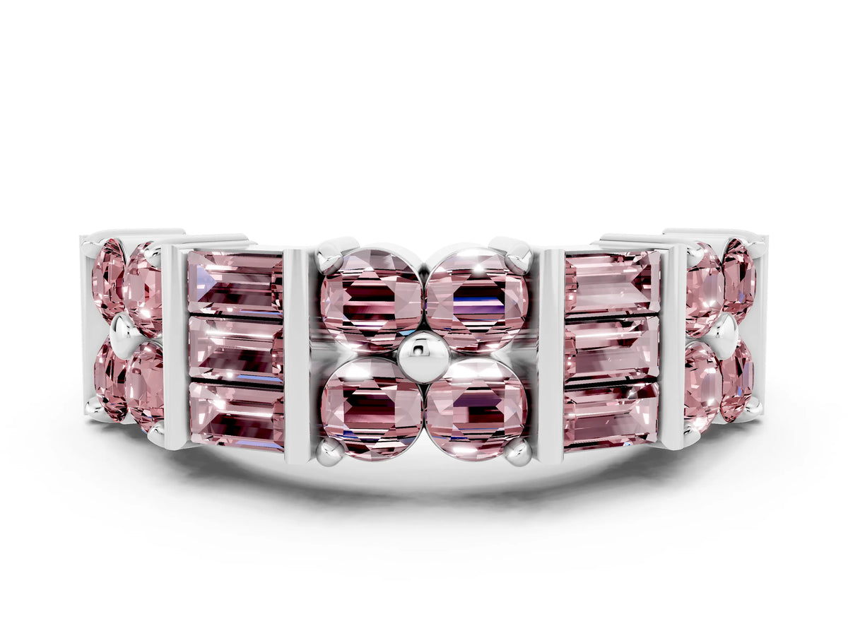 Round and Baguette Morganite Anniversary Band in Silver with Channel and Prong Setting
