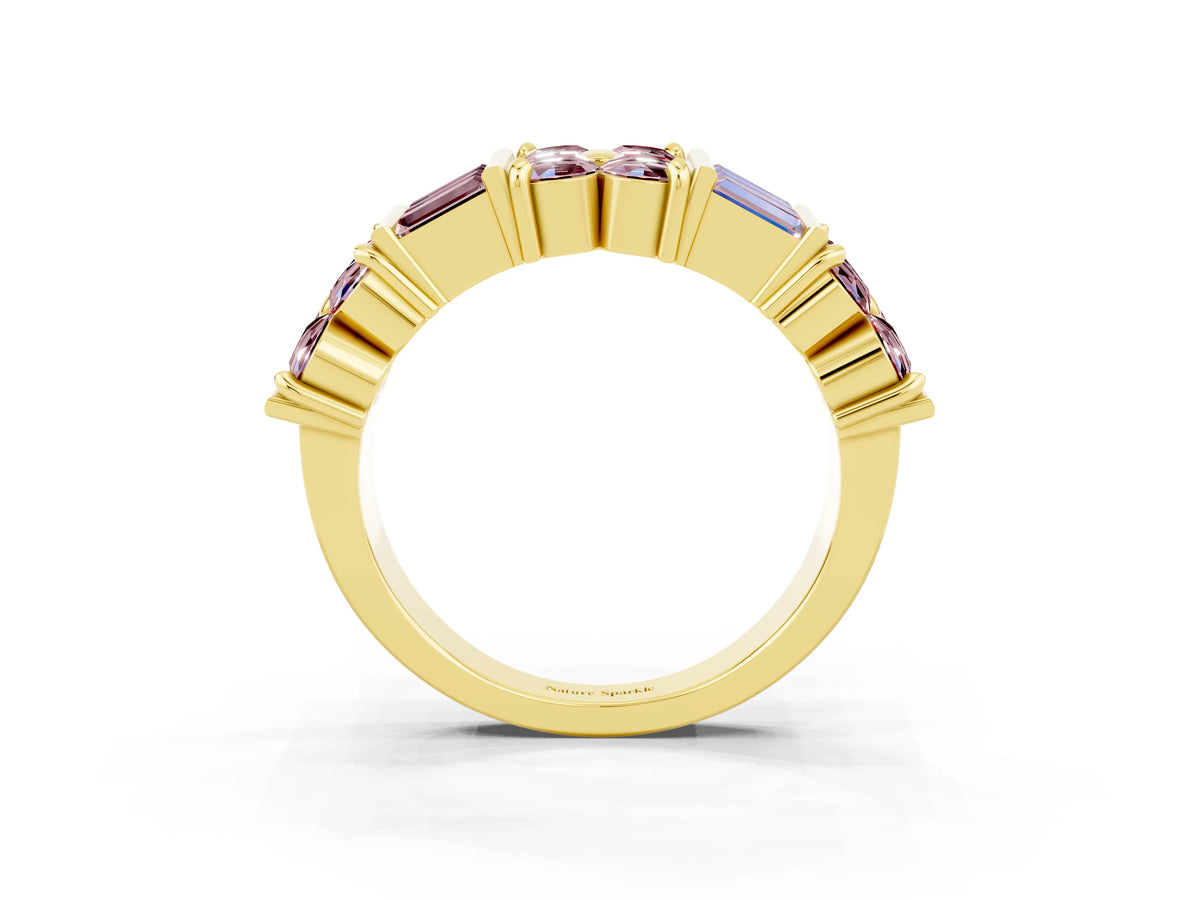 Round and Baguette Morganite Anniversary Band in Yellow gold with Channel and Prong Setting_3
