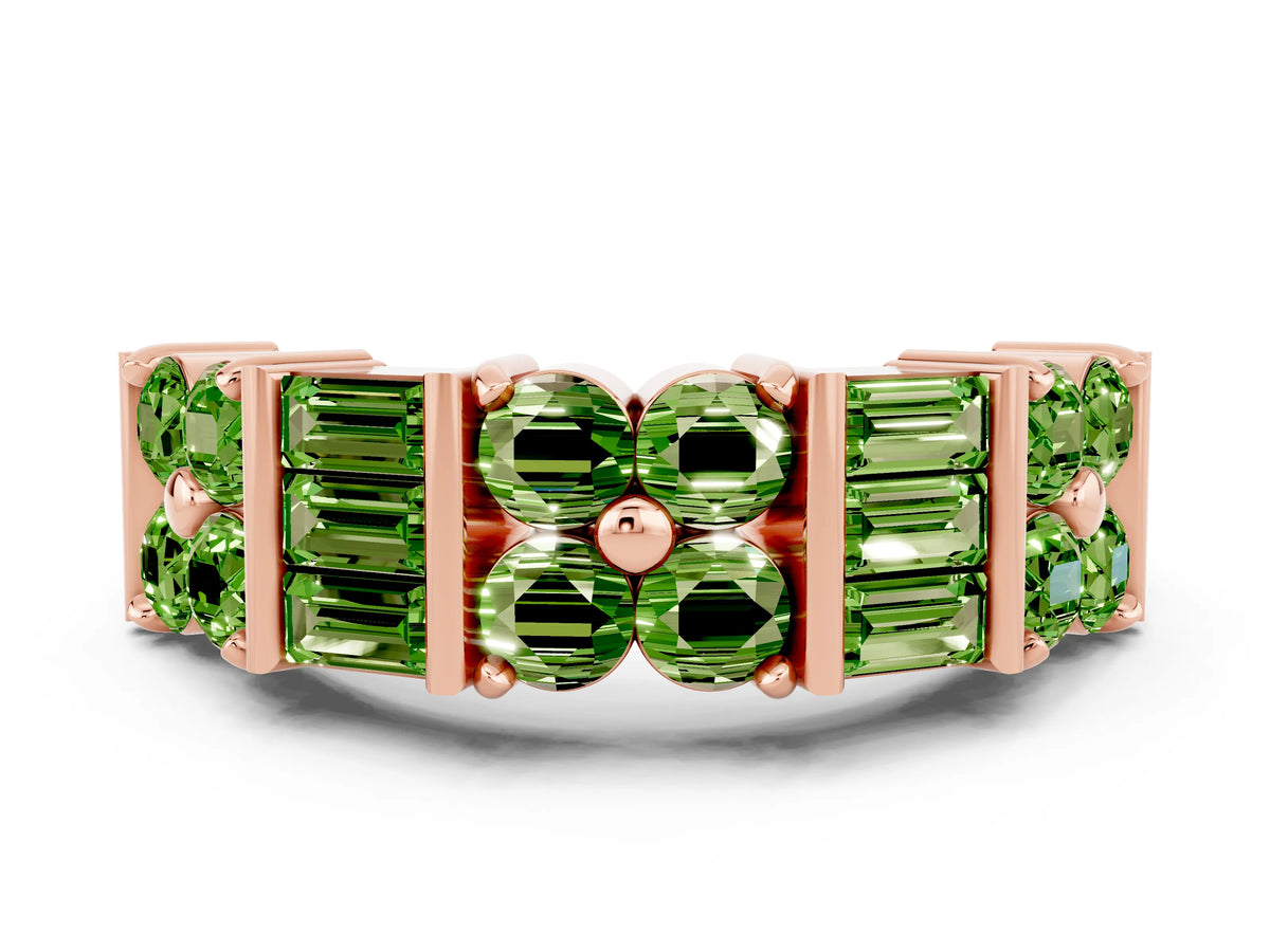 Round and Baguette Peridot Anniversary Band in Rose gold with Channel and Prong Setting