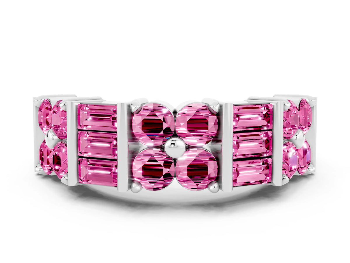 Round and Baguette Pink Sapphire Anniversary Band in Platinum with Channel and Prong Setting