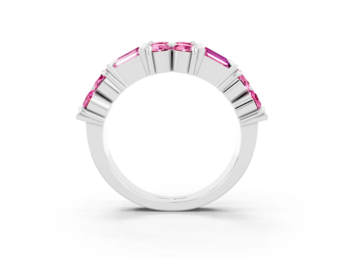 Round and Baguette Pink Sapphire Anniversary Band in Platinum with Channel and Prong Setting_3