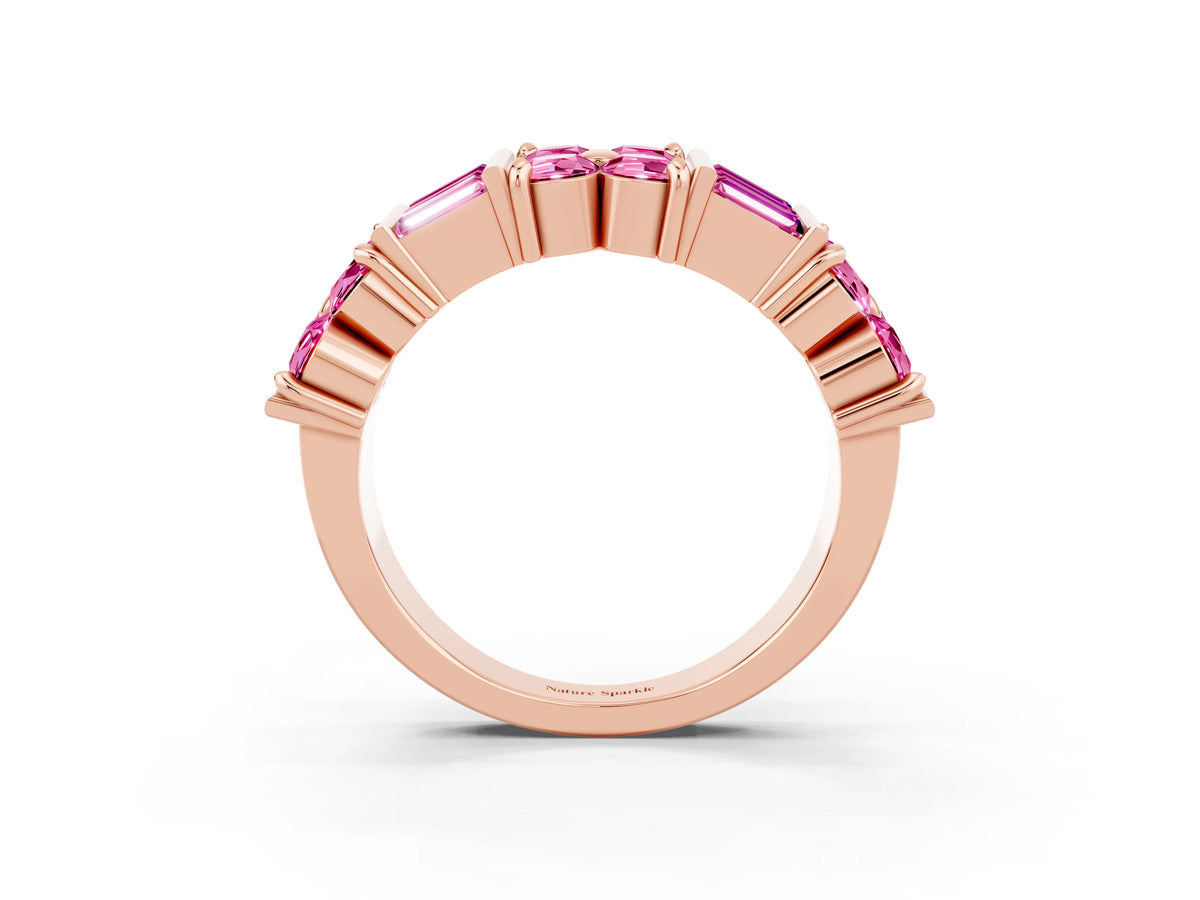 Round and Baguette Pink Sapphire Anniversary Band in Rose gold with Channel and Prong Setting_3