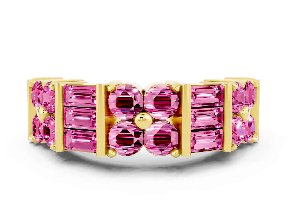 Round and Baguette Pink Sapphire Anniversary Band in Yellow gold with Channel and Prong Setting