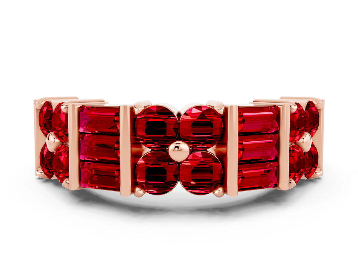 Round and Baguette Ruby Anniversary Band in Rose gold with Channel and Prong Setting