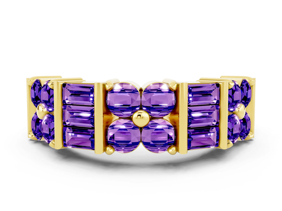 Round and Baguette Tanzanite Anniversary Band in Yellow gold with Channel and Prong Setting