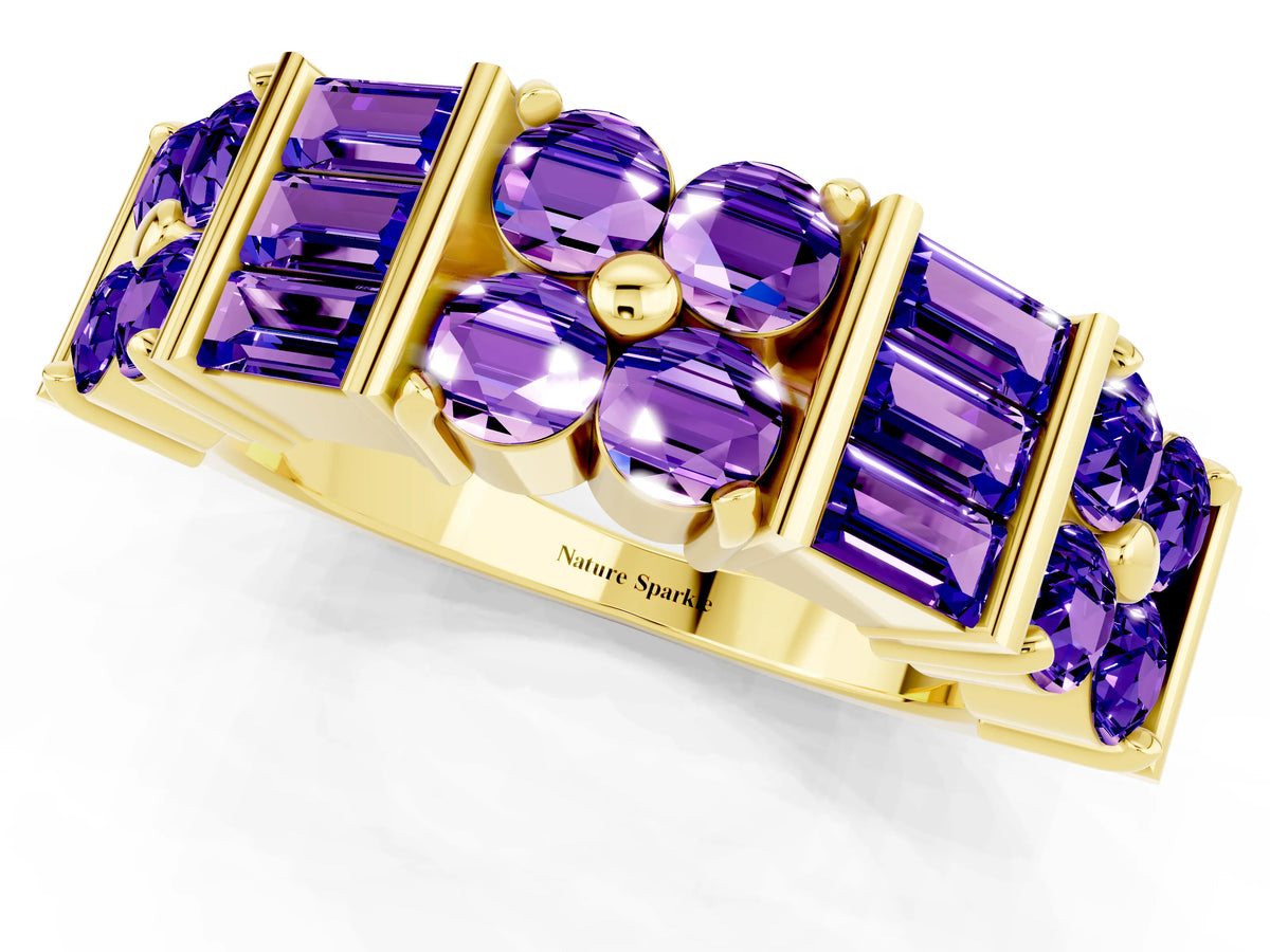 Round and Baguette Tanzanite Anniversary Band in Yellow gold with Channel and Prong Setting_1