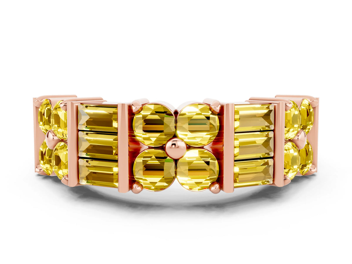 Round and Baguette Yellow Sapphire Anniversary Band in Rose gold with Channel and Prong Setting