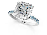 Silver Asscher Cut Diamond Solitaire Ring with Round Aquamarine Pavé Band and Prong Setting_13