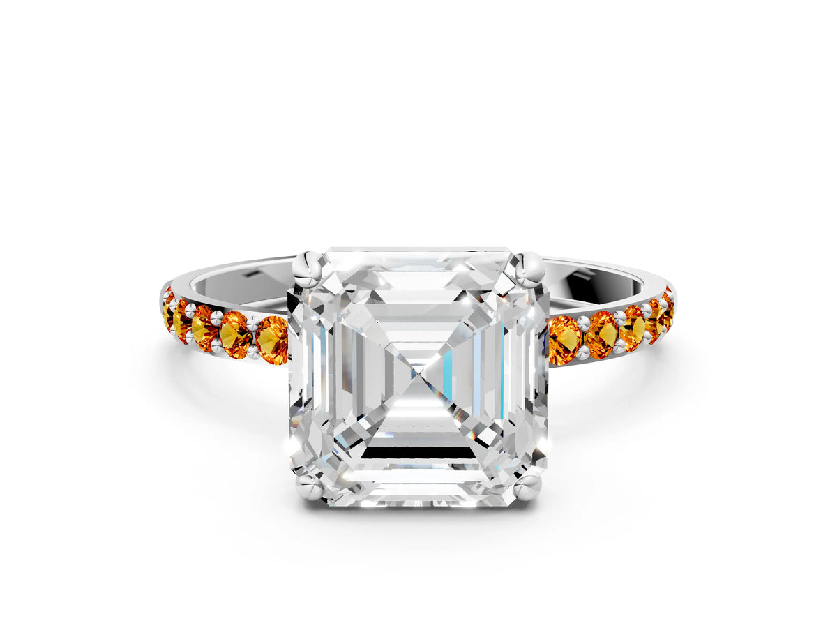 Silver Asscher Cut Diamond Solitaire Ring with Round Citrine Pavé Band and Prong Setting_12