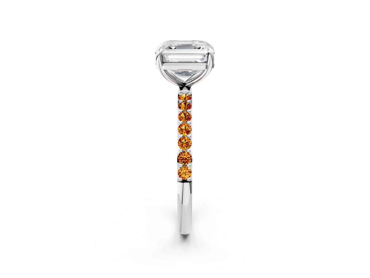 Silver Asscher Cut Diamond Solitaire Ring with Round Citrine Pavé Band and Prong Setting_14