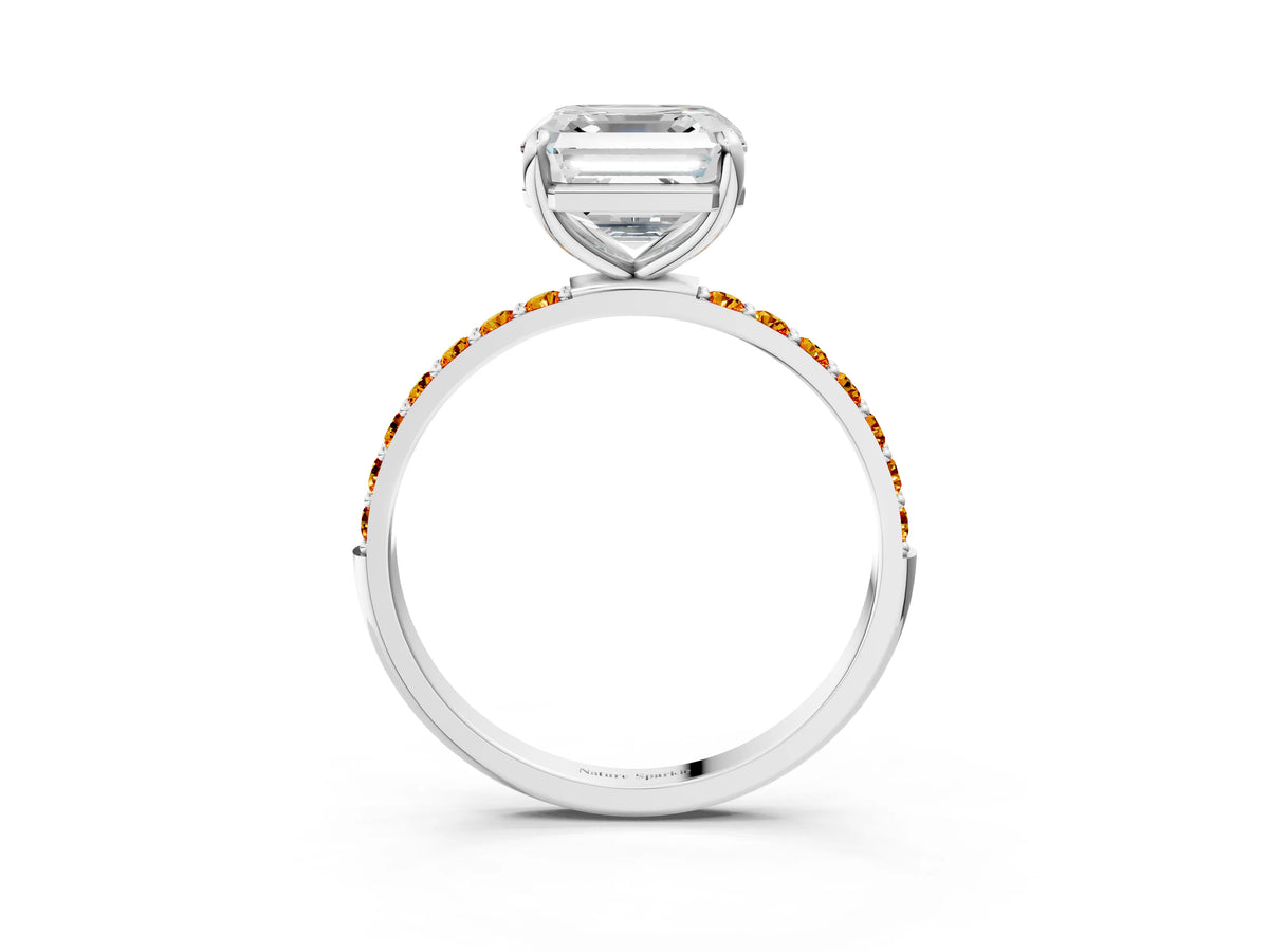 Silver Asscher Cut Diamond Solitaire Ring with Round Citrine Pavé Band and Prong Setting_15