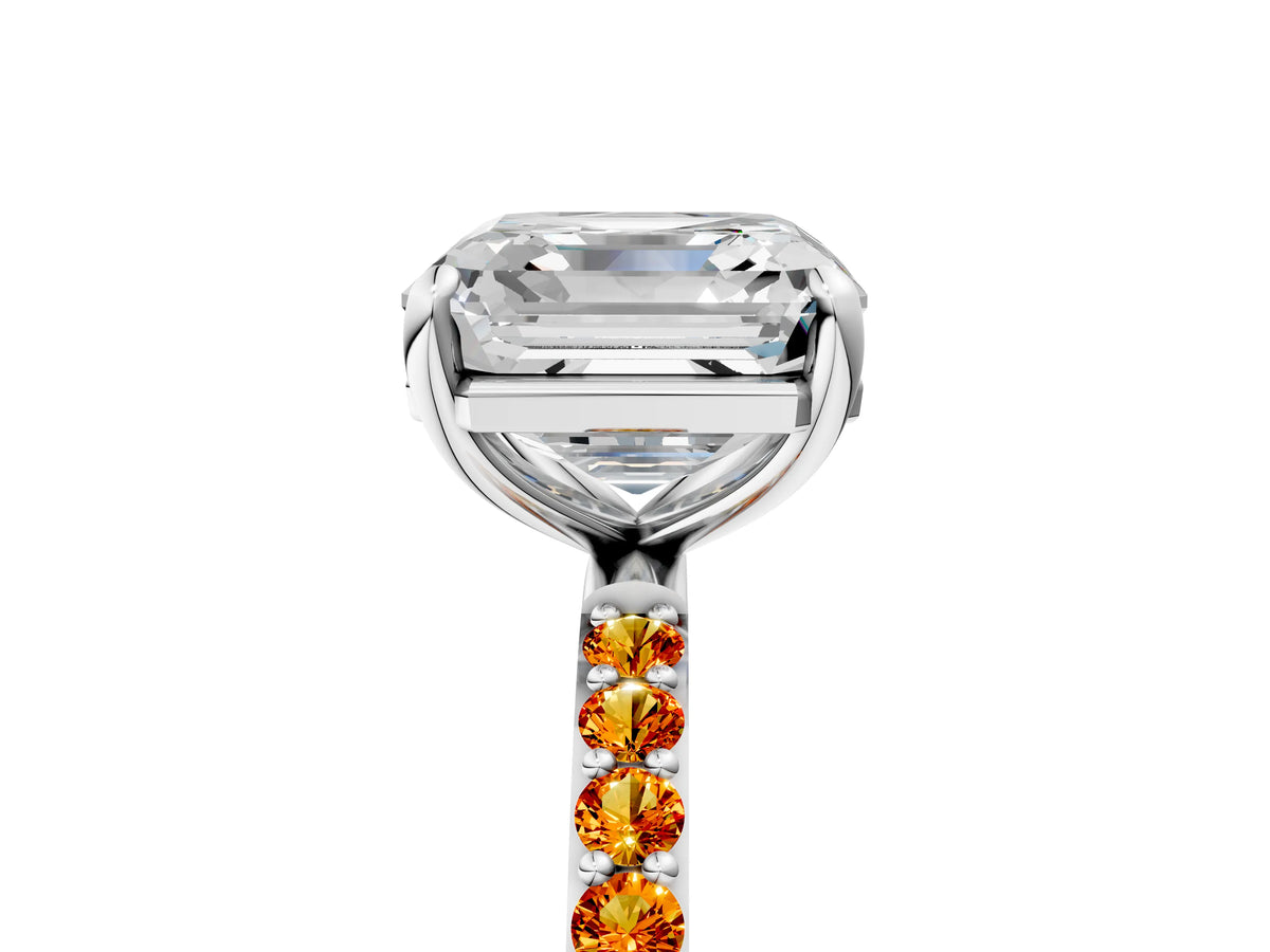 Silver Asscher Cut Diamond Solitaire Ring with Round Citrine Pavé Band and Prong Setting_17
