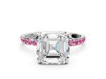 Silver Asscher Cut Diamond Solitaire Ring with Round Pink Sapphire Pavé Band and Prong Setting_12