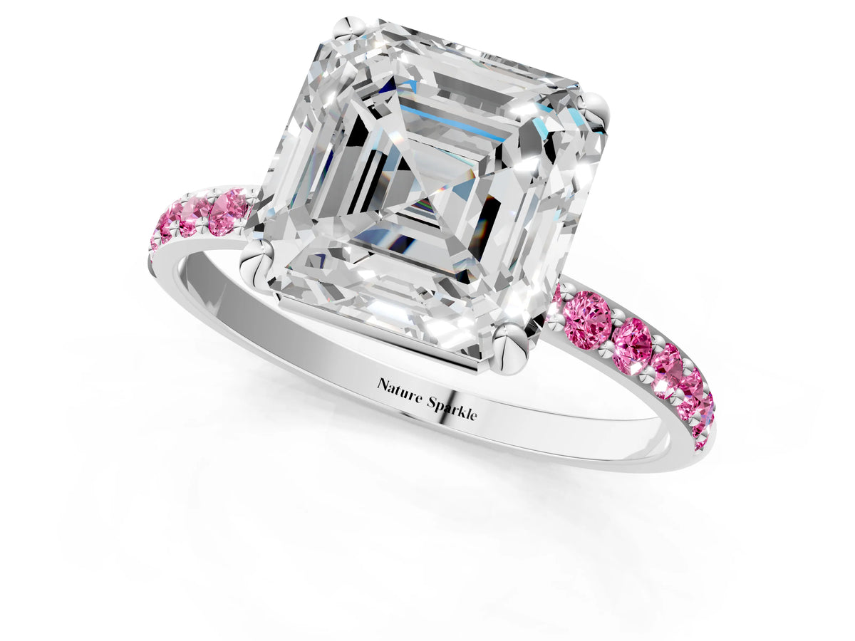 Silver Asscher Cut Diamond Solitaire Ring with Round Pink Sapphire Pavé Band and Prong Setting_13