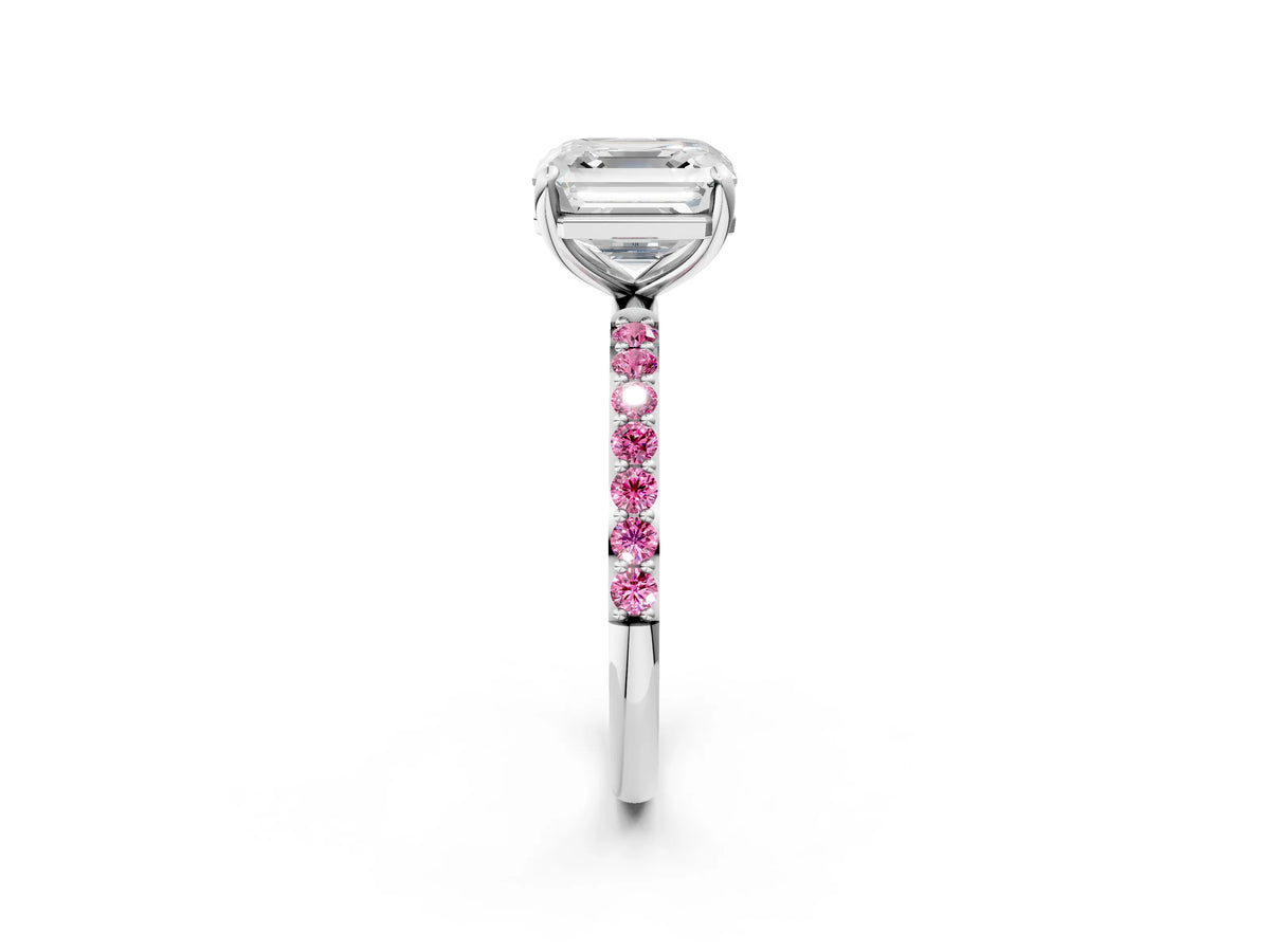 Silver Asscher Cut Diamond Solitaire Ring with Round Pink Sapphire Pavé Band and Prong Setting_14