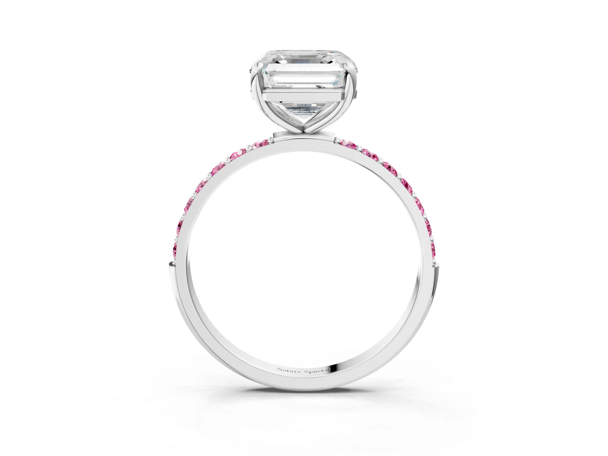 Silver Asscher Cut Diamond Solitaire Ring with Round Pink Sapphire Pavé Band and Prong Setting_15