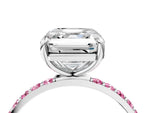 Silver Asscher Cut Diamond Solitaire Ring with Round Pink Sapphire Pavé Band and Prong Setting_16