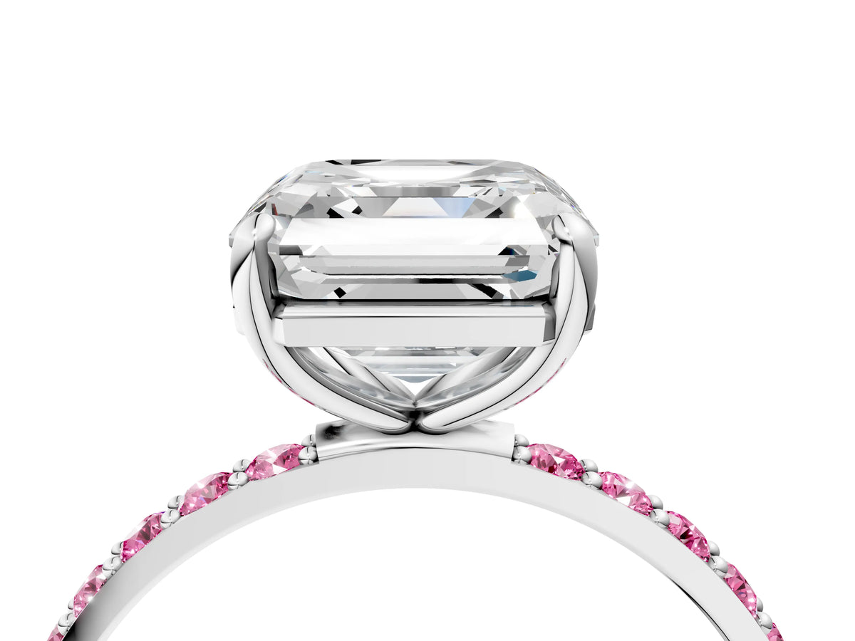 Silver Asscher Cut Diamond Solitaire Ring with Round Pink Sapphire Pavé Band and Prong Setting_16