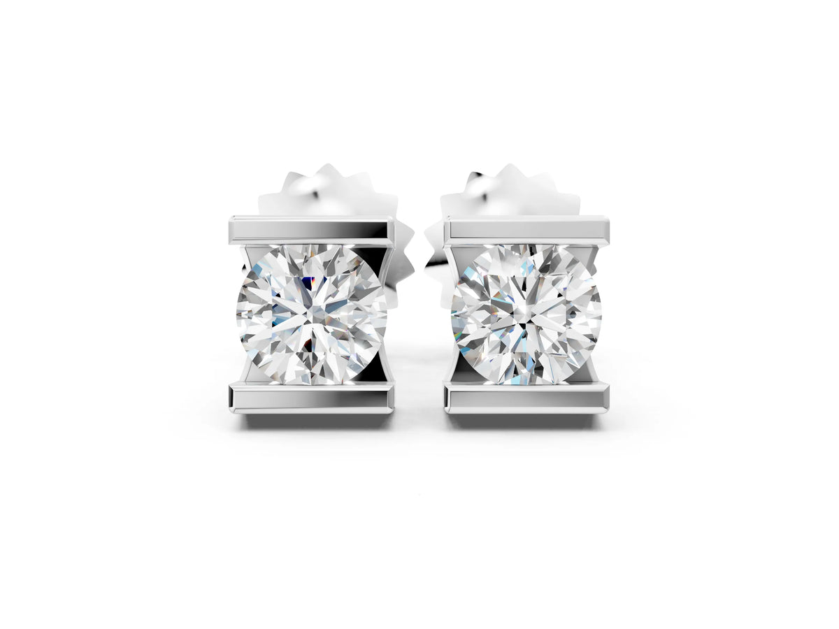 Silver Bar Set Round Diamond Stud Earrings in White Gold_6