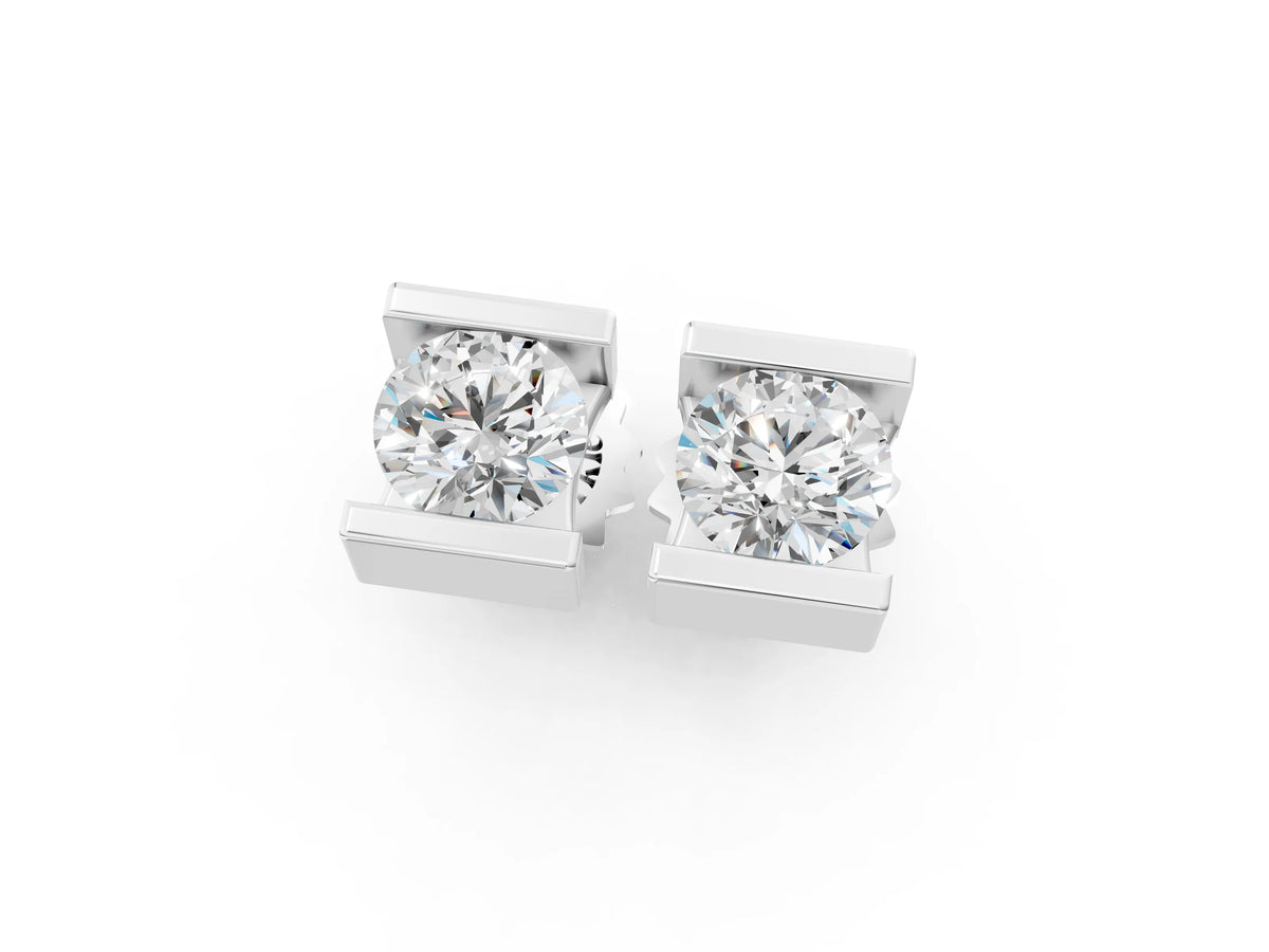 Silver Bar Set Round Diamond Stud Earrings in White Gold_7