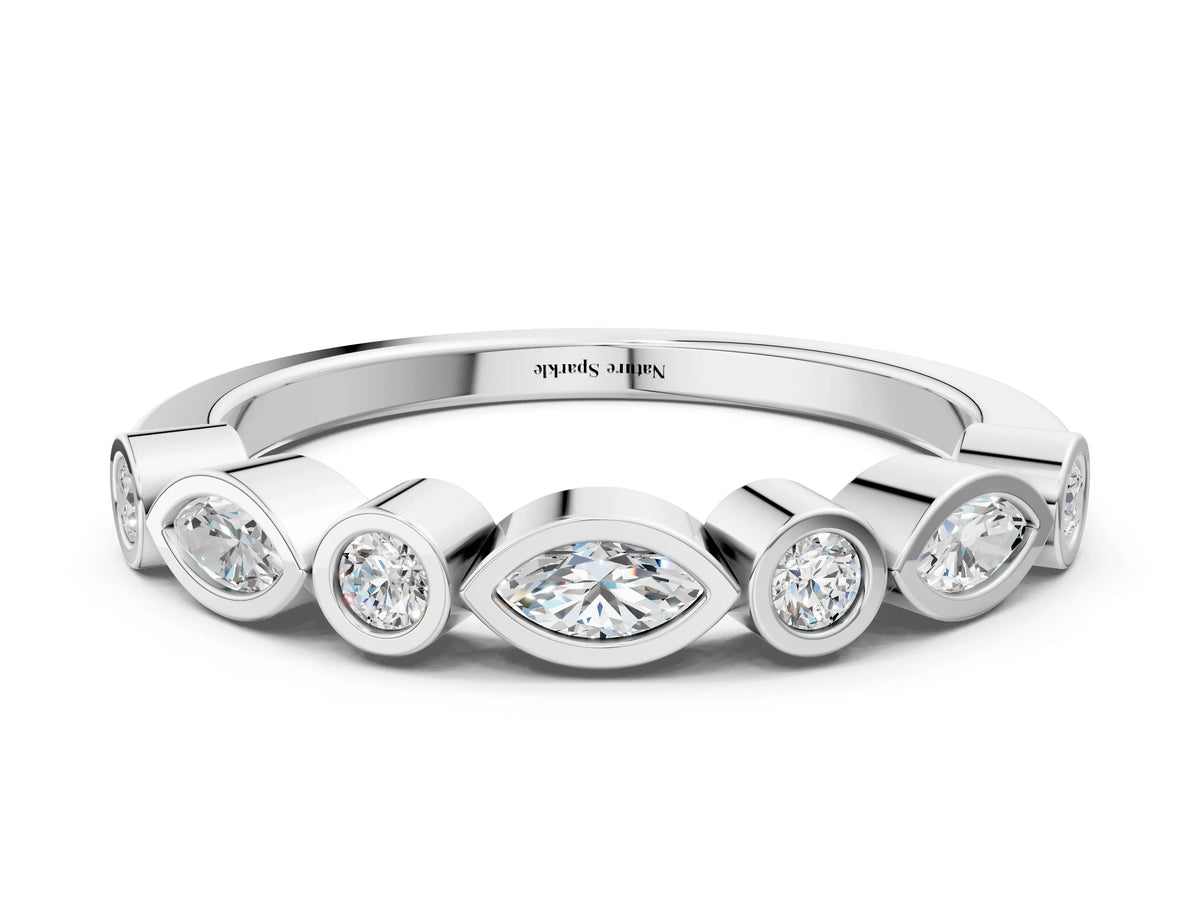 Silver Bezel Set Marquise and Round Diamond Stackable Band_12