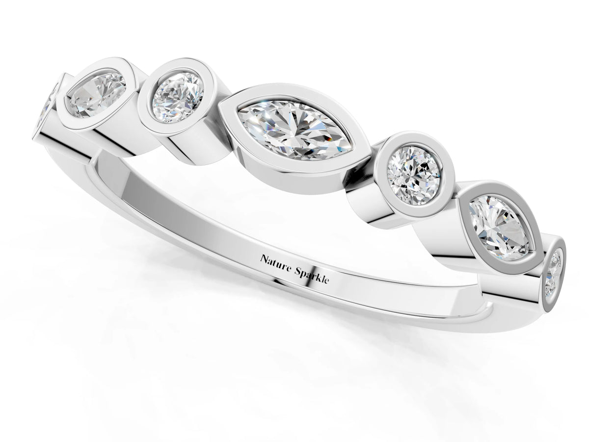 Silver Bezel Set Marquise and Round Diamond Stackable Band_13