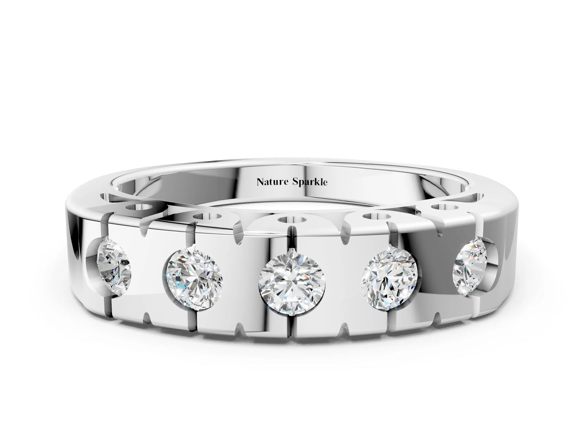 Silver Channel Set Round Diamond Flat Band with Prong Setting_12