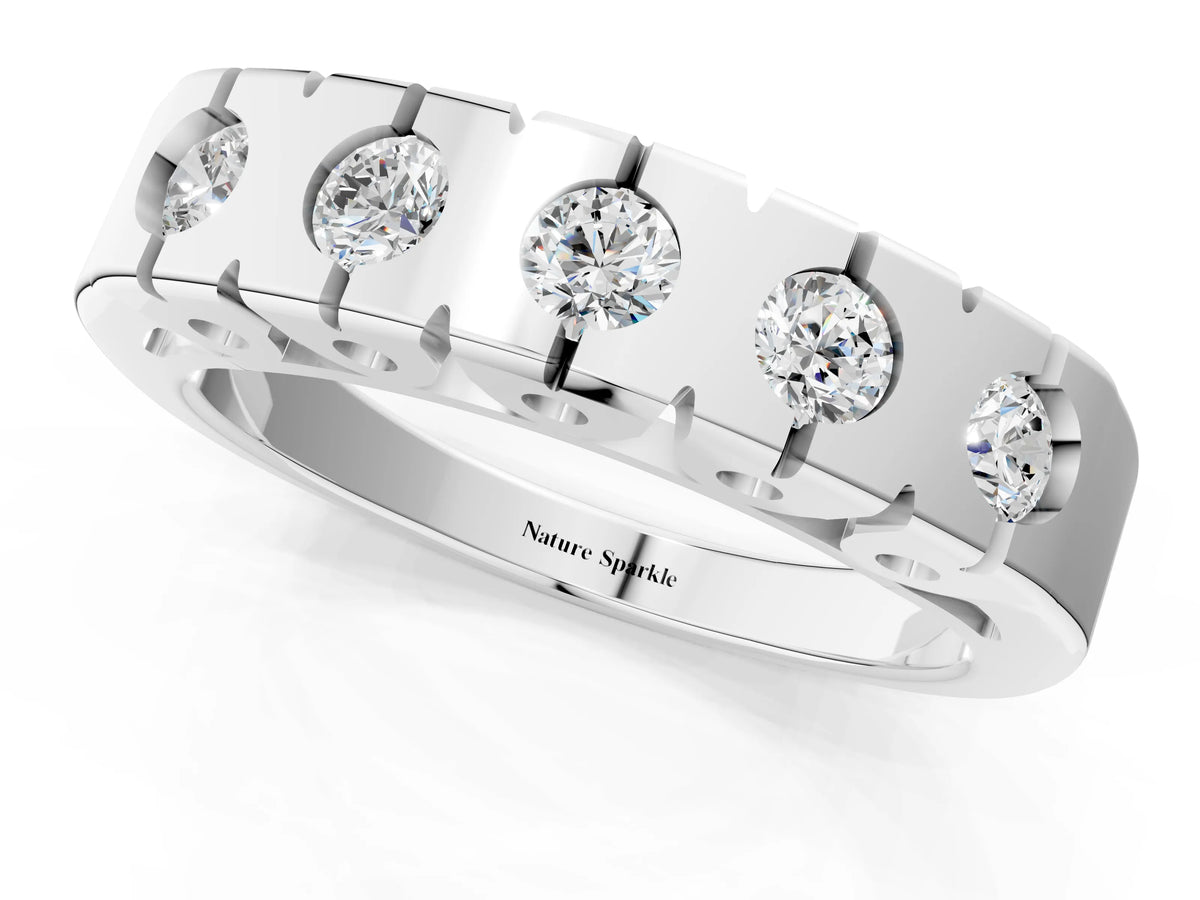 Silver Channel Set Round Diamond Flat Band with Prong Setting_13