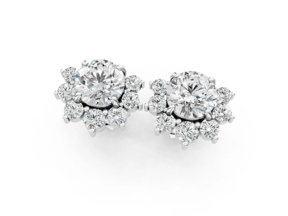 Silver Cluster Round Diamond Stud Earrings with White Gold Band and Four-Prong Setting_7